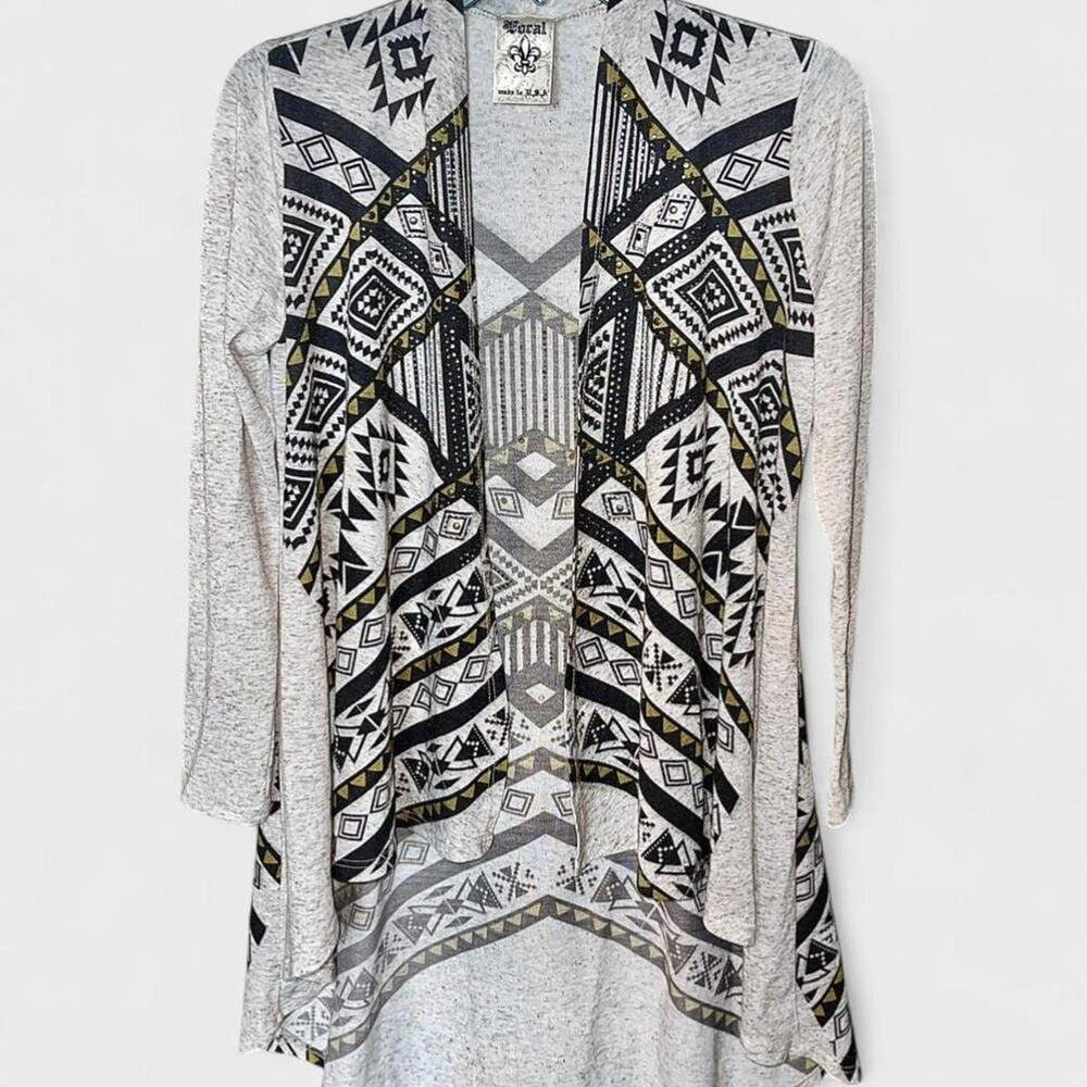Vocal USA Heather Beige Aztec Print Embellished Long Open Cardigan - Size M